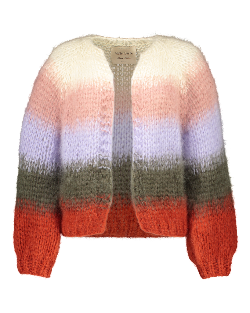 Paulette Cardigan Degrade Stripes - Cream/Currant/Lilac/Army green/Rouge orange